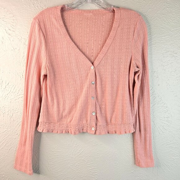 Pink Button Down Cardigan Small Small Pink  Crop VNeck Ruffle Ribbed Long Sleeve - Picture 1 of 10